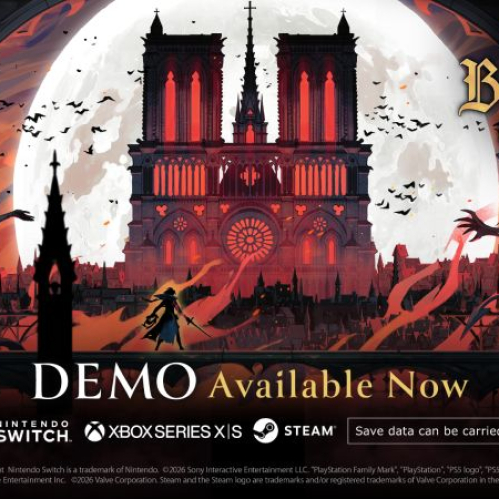 Arte promocional de la demo de Castlevania: Belmont’s Curse. Presenta la silueta de la fachada de la catedral de Notre Dame de París iluminada en rojo bajo una gran luna llena, rodeada de murciélagos y demonios. En primer plano, Rose Belmont sostiene el látigo Vampire Killer y una espada frente al puente. En la parte inferior se muestra el texto "DEMO Available Now" junto a las insignias de PS5, Nintendo Switch, Xbox Series X|S y Steam.