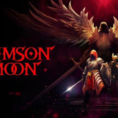 Ilustración promocional de Crimson Moon que muestra el logotipo del juego en letras rojas a la izquierda sobre un fondo oscuro, mientras a la derecha se observa la figura de un guerrero alado con túnica y armadura dorada sosteniendo espadas junto a dos caballeros con escudos.