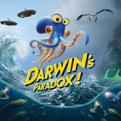 Ilustración colorida con un pulpo azul y naranja emergiendo del océano mientras observa naves voladoras y un entorno contaminado por una fábrica, en un estilo caricaturesco y dinámico.