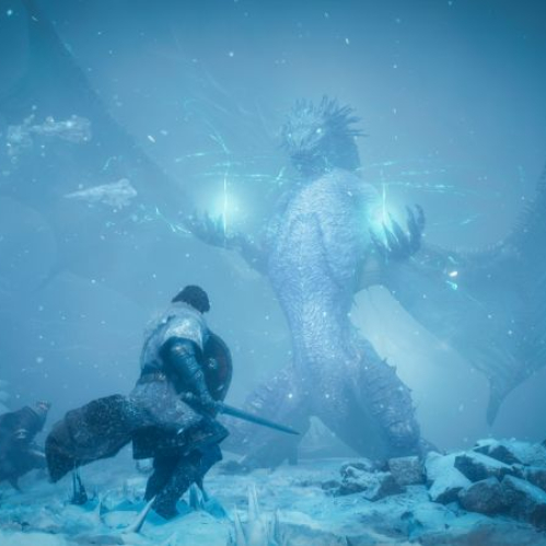 Un enorme dragón de hielo cubierto de escarcha y energía azul brillante erguido frente a un guerrero armado con espada y escudo en medio de una intensa tormenta de nieve en Dragon's Dogma 2 Dark Arisen.