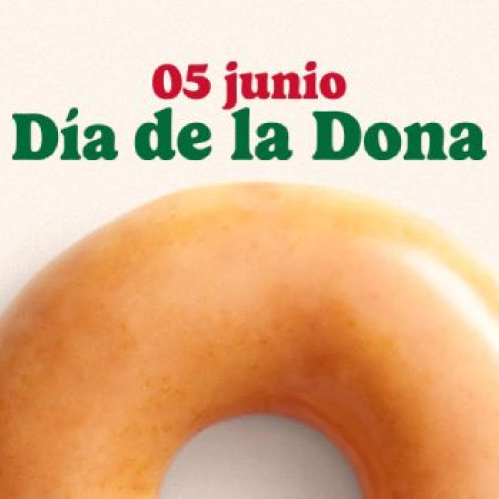 Composición gráfica con una dona glaseada sobre fondo claro acompañada de texto alusivo al Día de la Dona.