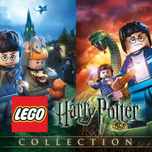 Ilustración promocional dividida en dos secciones que muestra a los personajes de LEGO Harry Potter en sus versiones de los primeros años a la izquierda y en la batalla final contra Voldemort a la derecha, con el logotipo del juego en el centro.