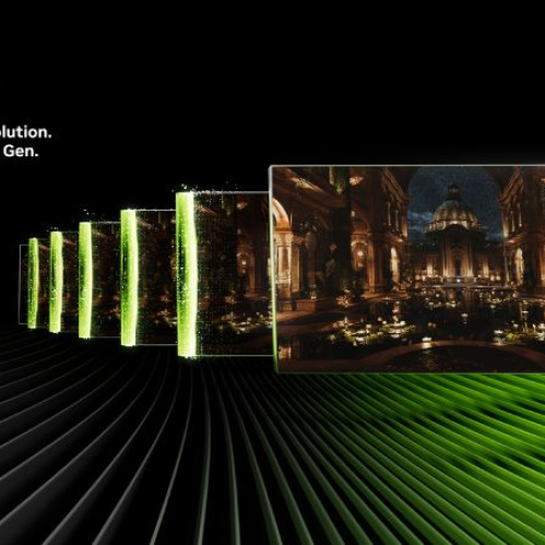 Gráfico promocional que muestra la evolución visual de una escena arquitectónica mientras se aplican mejoras de resolución mediante IA, acompañado del logotipo de NVIDIA GeForce RTX y el texto alusivo a DLSS 4.5.
