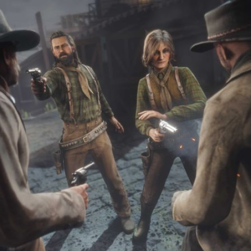 Cuatro personajes armados se apuntan entre sí en un entorno del Viejo Oeste, con vestimenta clásica, armas de época y una atmósfera polvorienta que sugiere tensión y confrontación.