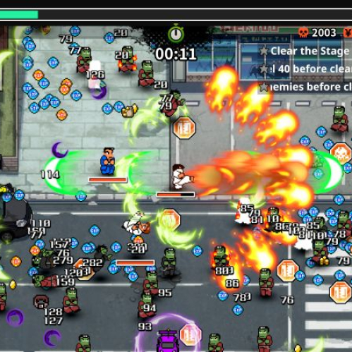 Captura de pantalla de la jugabilidad de River City Survivors: Downtown of the Dead desde una vista cenital. En el centro de una calle de la ciudad se observa al personaje principal vestido de blanco ejecutando un ataque de patada de fuego envolvente, rodeado por decenas de zombis verdes, efectos de cortes de viento, orbes de experiencia azules y un contador de nivel 51 en la esquina superior derecha.   