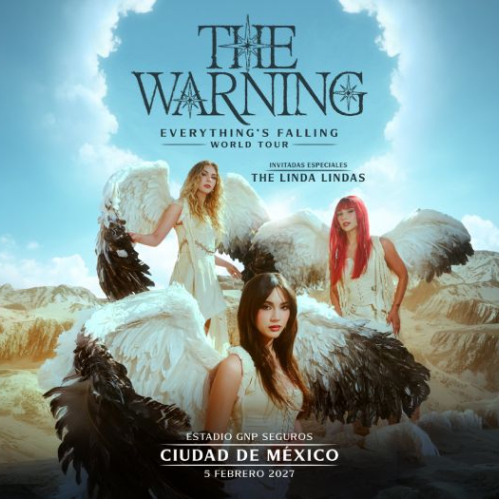 Cartel oficial del concierto con las integrantes de The Warning luciendo atuendos claros con alas de ángel en un escenario fantástico, acompañado del banner de la Gran Venta HSBC.