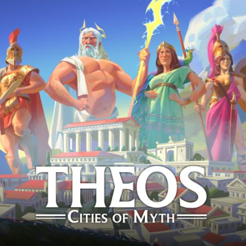 Ilustración de inspiración mitológica con figuras divinas y una ciudad de arquitectura clásica observada desde una colina.