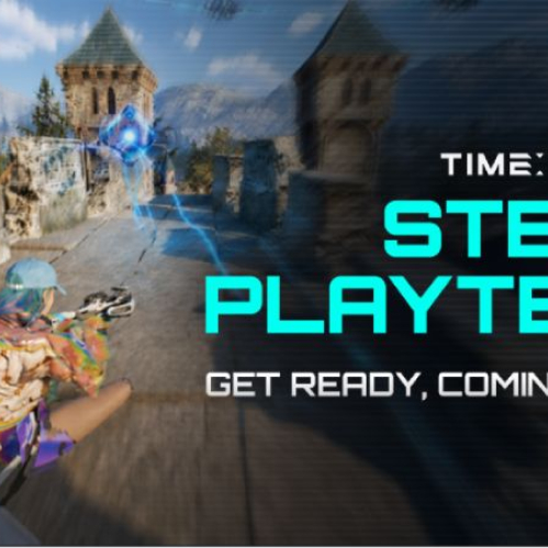 Captura de pantalla del videojuego TIME TAKERS en la que un personaje en perspectiva de tercera persona apunta una arma futurista en una calle empedrada entre edificios medievales, acompañada del texto "TIME TAKERS STEAM PLAYTEST GET READY, COMING SOON" y el logotipo de NC.