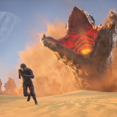 Ilustración de un personaje corriendo en un desierto mientras una criatura gigantesca emerge de la arena en un entorno de ciencia ficción.