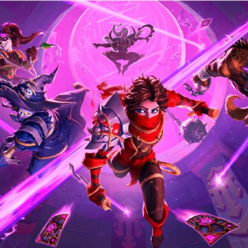 Ilustración fantástica con varios personajes en acción rodeados de energía arcana y símbolos mágicos.