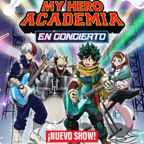 Los personajes del anime My Hero Academia disfrazados como una banda de rock sobre un escenario, con la leyenda "¡Nuevo Show!" destacada en una franja roja en la parte inferior sobre un fondo de instrumentos musicales.   