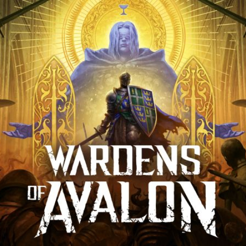 Arte promocional oficial del juego Wardens of Avalon mostrando a un caballero con armadura, espada y escudo frente a un trono con una figura mística con los ojos vendados, rodeado por estatuas y guerreros en tonos dorados y oscuros.