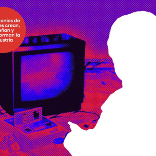 Portada del libro Veinticinco Mujeres Que Crean Videojuegos diseñada en tonos morados y rojos con textura de semitono. En la parte superior destaca el título en letras blancas gruesas, acompañado a la izquierda por un círculo rojo con el texto Testimonios de quienes crean, diseñan y transforman la industria. En el centro aparece la silueta en blanco de una niña sentada jugando frente a un televisor clásico y una consola retro. En la parte inferior figura el nombre de la autora Victoria “Cataxis” Pérez.