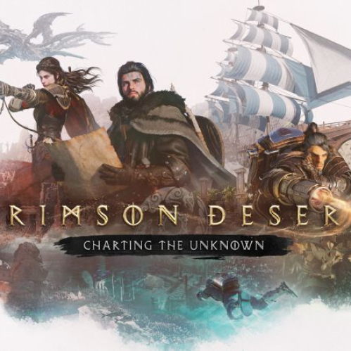 Key Art horizontal oficial de "Crimson Desert Enhanced: Charting the Unknown" con Kliff sosteniendo un mapa, Damiane apuntando con un arma de fuego, Oongka operando un cañón, un gran barco de vela y un buzo sumergido en el océano.