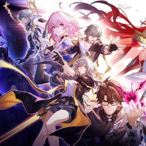 Arte promocional con varios personajes en formación dinámica, representando la actualización 4.4 de Honkai: Star Rail.