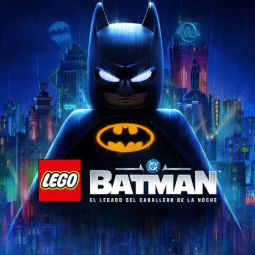 Figura de LEGO Batman frente a una versión estilizada de Ciudad Gótica iluminada por luces nocturnas y el batiseñal.
