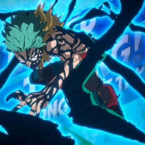 Captura de pantalla de MY HERO ACADEMIA: All’s Justice en la que aparece Izuku Midoriya Overlay Full Style rodeado de un aura de energía azul y los látigos negros del Blackwhip en una pose de combate dinámica.