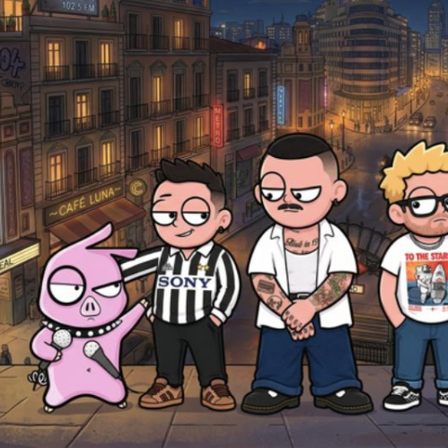 Ilustración en estilo caricatura que muestra a los tres integrantes de la banda Pignoise junto a la mascota de un cerdo rosa sosteniendo micrófonos, ubicados en una calle urbana nocturna con anuncios iluminados de fondo.