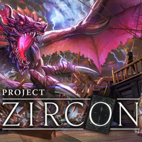 Arte promocional de PROJECT ZIRCON de Konami mostrando un enorme dragón rosado con cuernos destruyendo la cubierta de un barco de madera, mientras varios personajes con atuendos de fantasía y armas mágicas se preparan para luchar.
