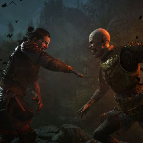 Captura de pantalla en alta resolución de "The Blood of Dawnwalker" que muestra un intenso combate cuerpo a cuerpo entre el protagonista Coen y una criatura vampírica rodeados por un enjambre de murciélagos bajo un ambiente nocturno en los Cárpatos.