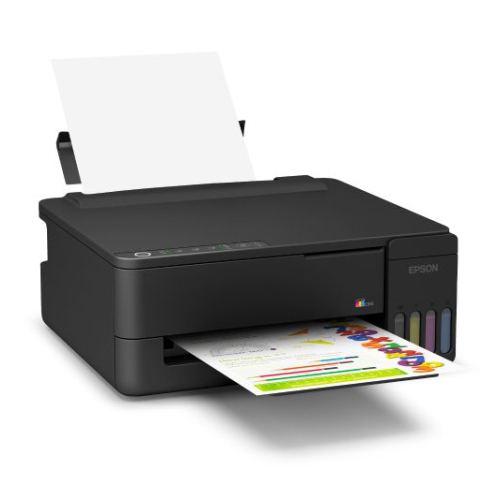 Impresora multifuncional de tanque de tinta continua Epson EcoTank L1350 de color negro imprimiendo una página a color con gráficos en papel blanco.