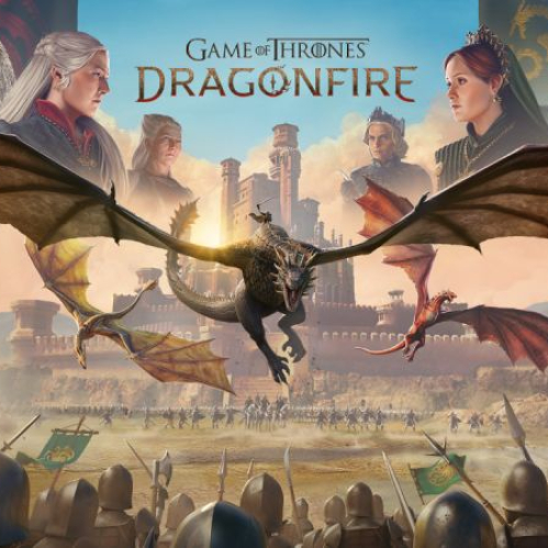Arte promocional con un dragón sobrevolando un ejército frente a un castillo, acompañado por personajes del universo de Westeros.