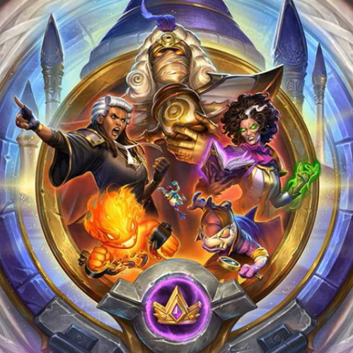 Arte promocional de la Temporada 14 de Campos de batalla de Hearthstone centrada en un vitral circular de Dalaran con marco de piedra e incrustaciones doradas. En el interior se muestran diversos personajes y criaturas mágicas, incluyendo una jueza con peluca blanca, una momia con clepsidra, una hechicera con libro de conjuros, un elemento de fuego encadenado y un kobold con lupa. En la parte inferior destaca el icono de la corona de Campos de batalla.