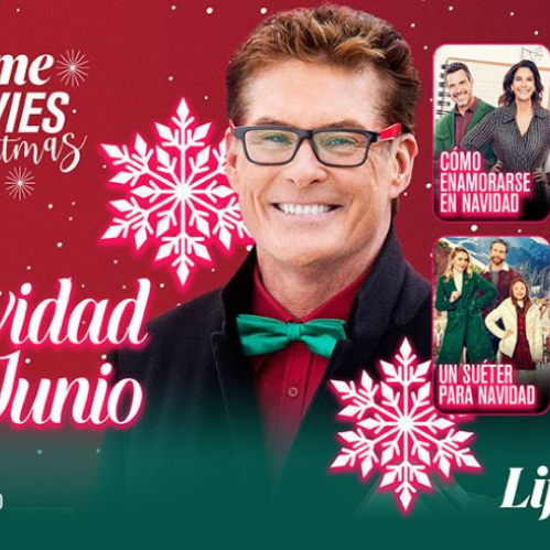 Póster promocional con un presentador sonriente sobre un fondo rojo con motivos navideños y escenas de varias películas temáticas.