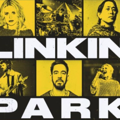 Póster promocional vertical con un diseño en retícula tipo mosaico con tonos amarillos, negros y blancos. En la parte superior se observa el logotipo circular de Linkin Park. La imagen está dividida en cuadros que muestran a cada uno de los integrantes de la banda: Mike Shinoda, Joe Hahn, Brad Delson, Dave Farrell, Emily Armstrong y Colin Brittain, intercalados con fotografías en blanco y negro de presentaciones en concierto. Al centro destacan las letras grandes "LINKIN PARK UNSHATTER" acompañadas del eslogan "THE HARDEST PART OF ENDING IS STARTING AGAIN". En el tercio inferior se lee la fecha "IN THEATERS SEPT. 30" y la frase "TICKETS AT UNSHATTERMOVIE.COM" junto a las marcas SCREENX y 4DX.