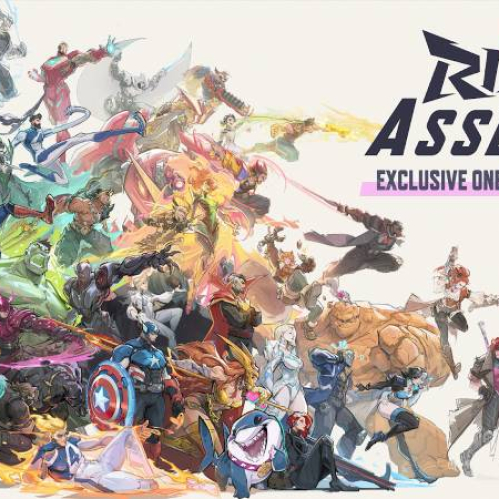 Ilustración promocional con numerosos personajes del universo Marvel en poses dinámicas, acompañados por el logotipo del evento Marvel Rivals Assemble.