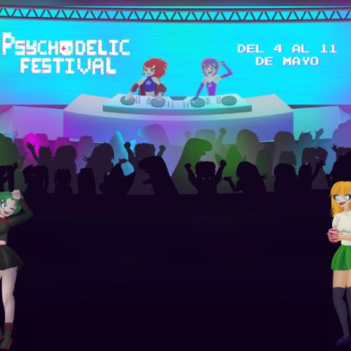 Ilustración de un festival musical animado con escenario, luces y público bailando.