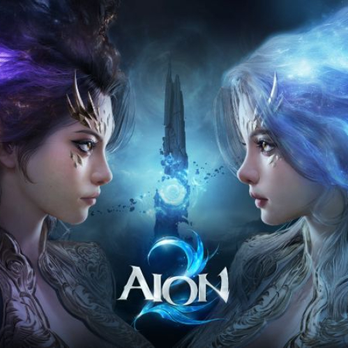 Arte promocional oficial de AION 2 mostrando los rostros de dos mujeres representantes de las facciones Elyos y Asmodianos frente a frente, una envuelta en destellos morados y oscuros y la otra en auras cósmicas azules, divididas al centro por el logotipo del juego y la Torre de la Eternidad destruida.