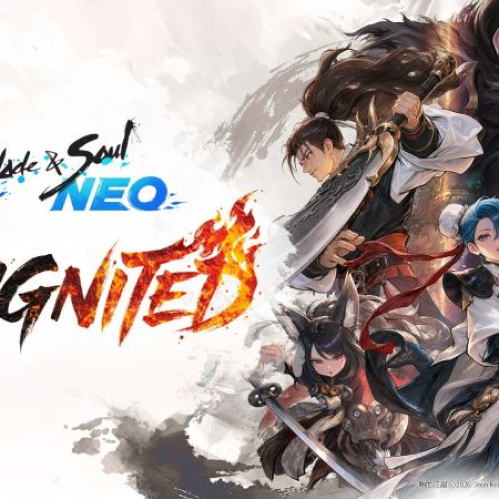 Arte promocional del videojuego Blade & Soul NEO: Reignited. A la izquierda se observa el logotipo oficial sobre un fondo blanco con pinceladas estilo tinta Wuxia y letras en fuego con la palabra REIGNITED. A la derecha se muestran ilustraciones en estilo anime de varios guerreros y guerreras con vestimentas tradicionales orientales y espadas, destacando una joven de cabello azul en primer plano.