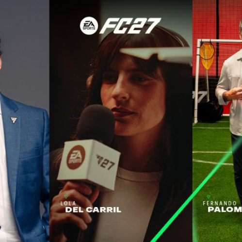 Composición de tres fotografías de los narradores de EA SPORTS FC 27 para Latinoamérica. A la izquierda, el analista Andrés Agulla vistiendo saco azul; al centro, la periodista Lola del Carril sosteniendo un micrófono con el logotipo de FC 27; a la derecha, el relator Fernando Palomo posando en una cancha de futbol sintética.