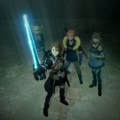 Personajes estilo anime en un entorno oscuro dentro de una mazmorra, con un protagonista sosteniendo una espada luminosa mientras otros aliados lo acompañan.