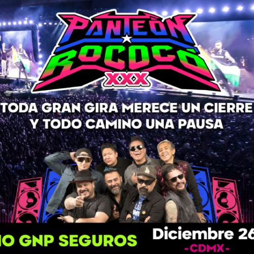 Cartel promocional del concierto con el logotipo de Panteón Rococó en letras de colores sobre una fotografía de un estadio lleno, mostrando abajo a los integrantes de la banda posando sonrientes junto a la fecha del evento.