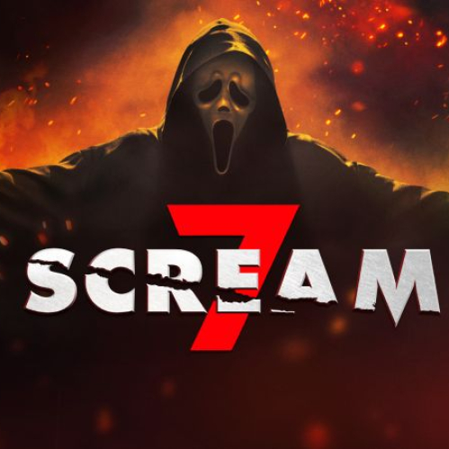 Figura encapuchada con máscara icónica sosteniendo un cuchillo frente a un fondo incendiado, con el título “Scream 7” al centro.