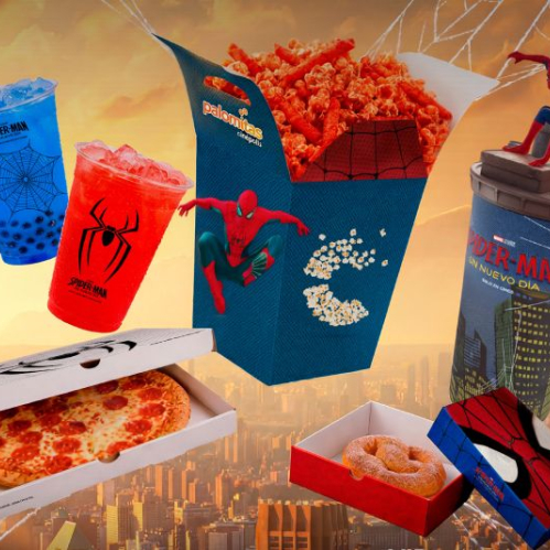 Composición promocional con alimentos temáticos y artículos coleccionables inspirados en un personaje de superhéroes.