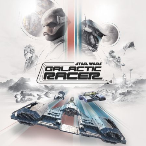 Arte promocional oficial de Star Wars: Galactic Racer sobre un fondo blanco con tonos rojizos y azules, mostrando a los personajes Kestar Bool y Shade en la parte superior, junto con el logotipo oficial al centro y varios tipos de naves como podracers, speeder bikes y landspeeders compitiendo a gran velocidad en la parte inferior.