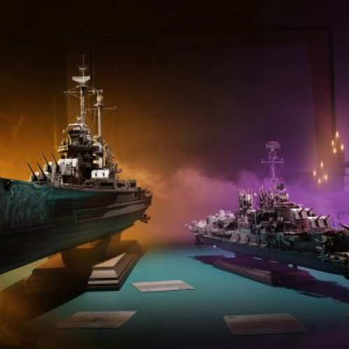 Escena en penumbra que muestra dos detalladas maquetas de barcos de guerra antiguos sobre un escritorio iluminado por una luz cálida y humo morado, rodeadas de calabazas de Halloween talladas con rostros sonrientes y brillantes.