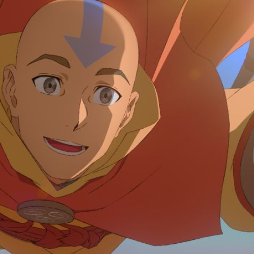 Ilustración animada de un personaje en movimiento sobre un cielo luminoso.