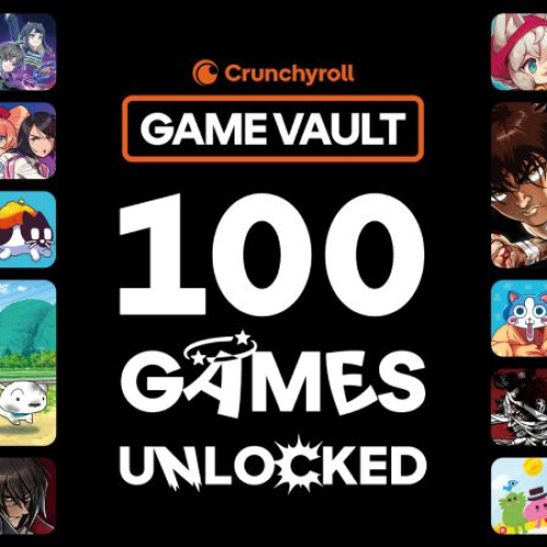 Imagen promocional de Crunchyroll Game Vault mostrando la leyenda "100 GAMES UNLOCKED" en letras blancas centrales rodeada por una cuadrícula con portadas de diversos videojuegos de anime e independientes.