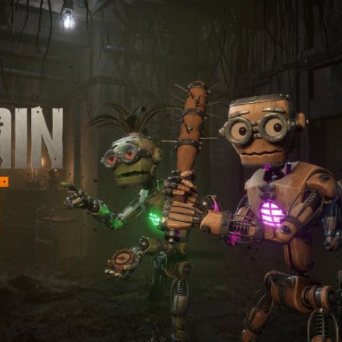 Imagen promocional oficial del videojuego Grain Rot. En el costado izquierdo se muestra el logotipo del juego en letras grises y naranja ("GRAIN ROT"). A la derecha, tres personajes robóticos hechos de madera posan en un entorno oscuro y sombrío iluminado por una tenue bombilla colgada. El personaje central sostiene un bate de béisbol con clavos y tiene una luz morada en el pecho, mientras que el personaje de la izquierda sostiene una brújula con luz verde y el de la derecha observa asustado con luz azul en el pecho.
