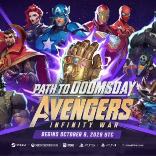 Ilustración promocional morada de Marvel Rivals para la Temporada 10.5 Path to Doomsday, mostrando en el centro el Guantelete del Infinito rodeado de energía cósmica y el logotipo de Avengers Infinity War, flanqueado por los héroes Thor, Doctor Strange, Capitán América, Iron Man, Spider-Man, Pantera Negra, Bruja Escarlata y Groot.