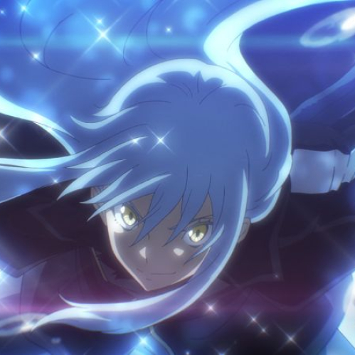 Personaje de anime con cabello azul rodeado de energía luminosa en escena de acción de la película Slime.