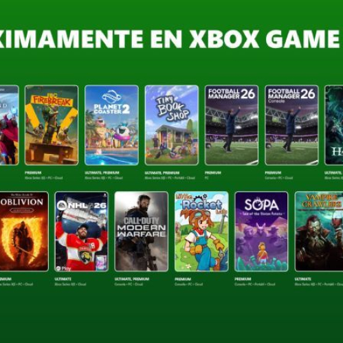 Banner promocional con múltiples portadas de videojuegos organizadas en filas bajo el título “Próximamente en Xbox Game Pass”, sobre un fondo verde característico de Xbox.