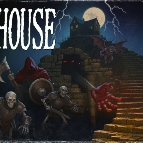 Ilustración del juego Bad House que muestra una mansión sobre una colina bajo una noche de tormenta con rayos, una luna llena y criaturas escalando escaleras de piedra cerca de una entrada oscura.