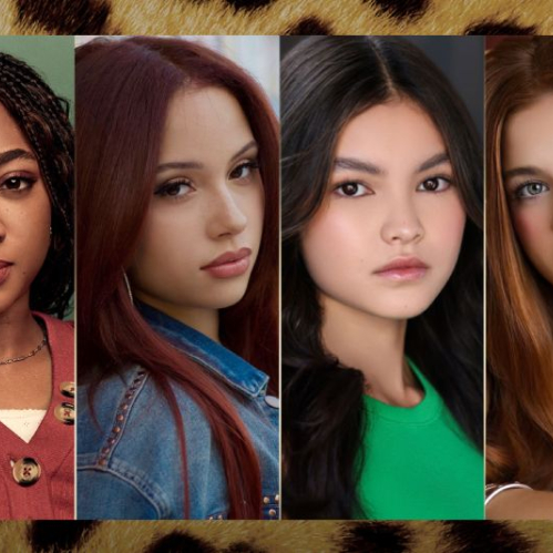 Collage de cuatro retratos femeninos sobre un fondo con estampado de leopardo.