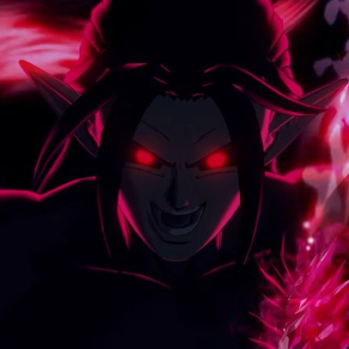 Ilustración de un personaje rodeado de energía roja intensa en un entorno oscuro.