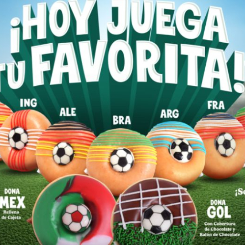 Fotografía promocional con donas temáticas inspiradas en banderas de distintos países y una caja especial que puede convertirse en futbolito.